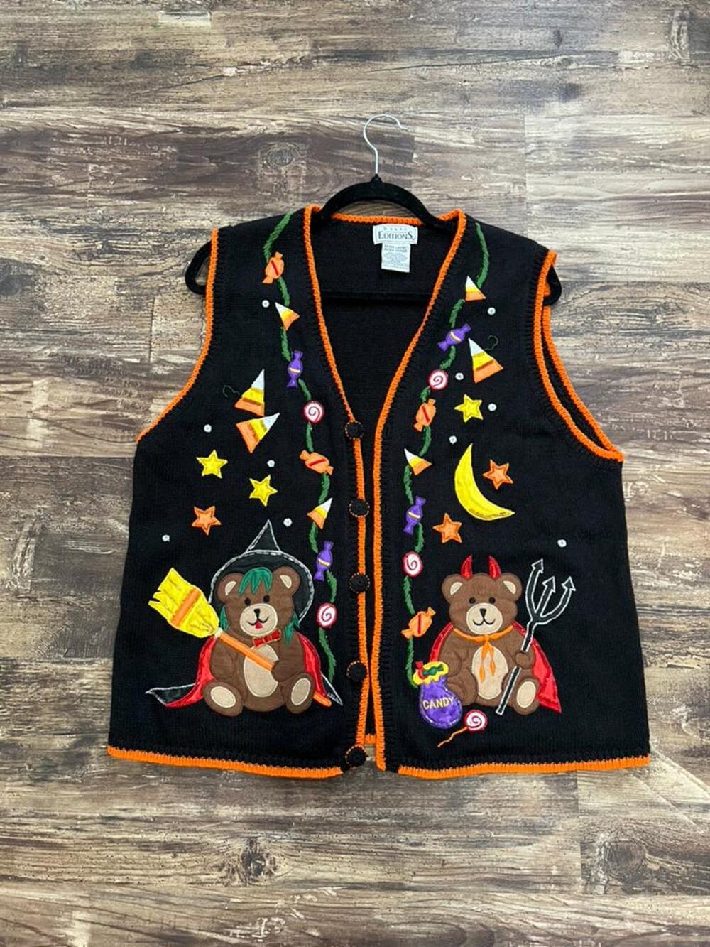 Vintage 90s Halloween Sweater Vest XL, Basic Editions Teddy Bear Cardigan